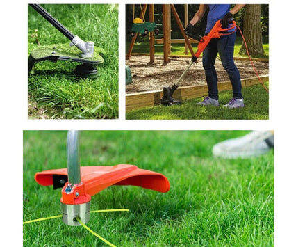 Silver aluminium Luzhu lawn mower trimmer head replacement accessory with four light yellow grass ropes and a wrench.