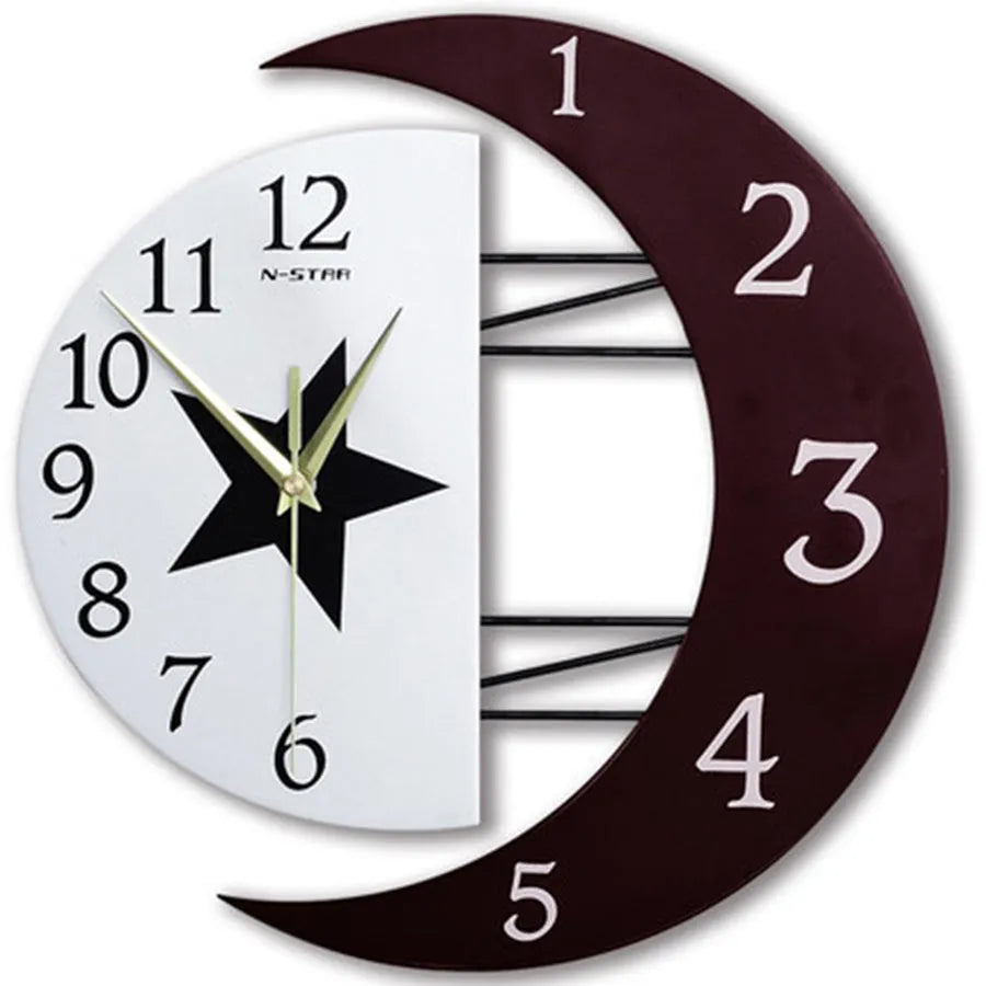 Round wall clock with pointer and number display showing 24-hour indication on wooden MDF shell