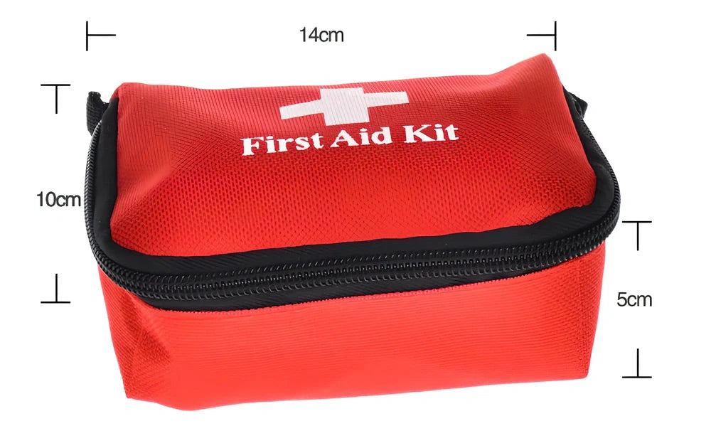 Red mini first aid kit showing 9 medical components with precise measurements including bandages and triangular towel