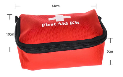 Red mini first aid kit showing 9 medical components with precise measurements including bandages and triangular towel