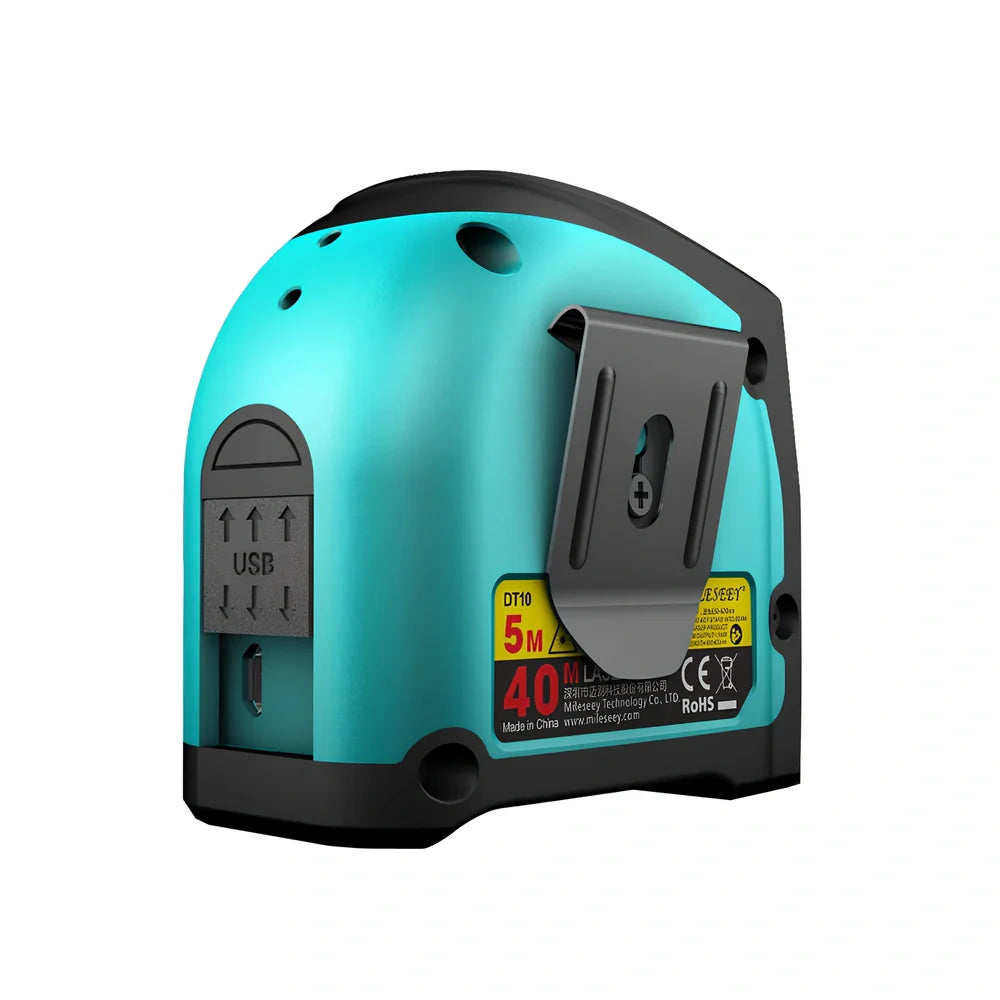 2-in-1 laser and tape measure tool with magnetic hook showing extended blade and laser measurement display
