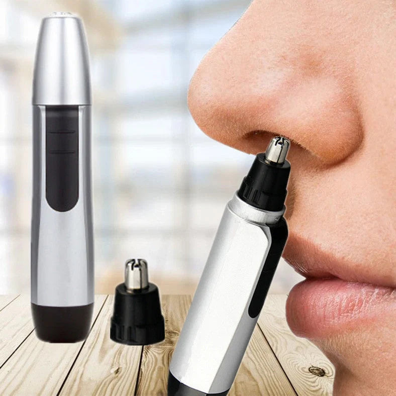 Black electric nose hair trimmer with rotating blades and arch design for safe nasal hair removal