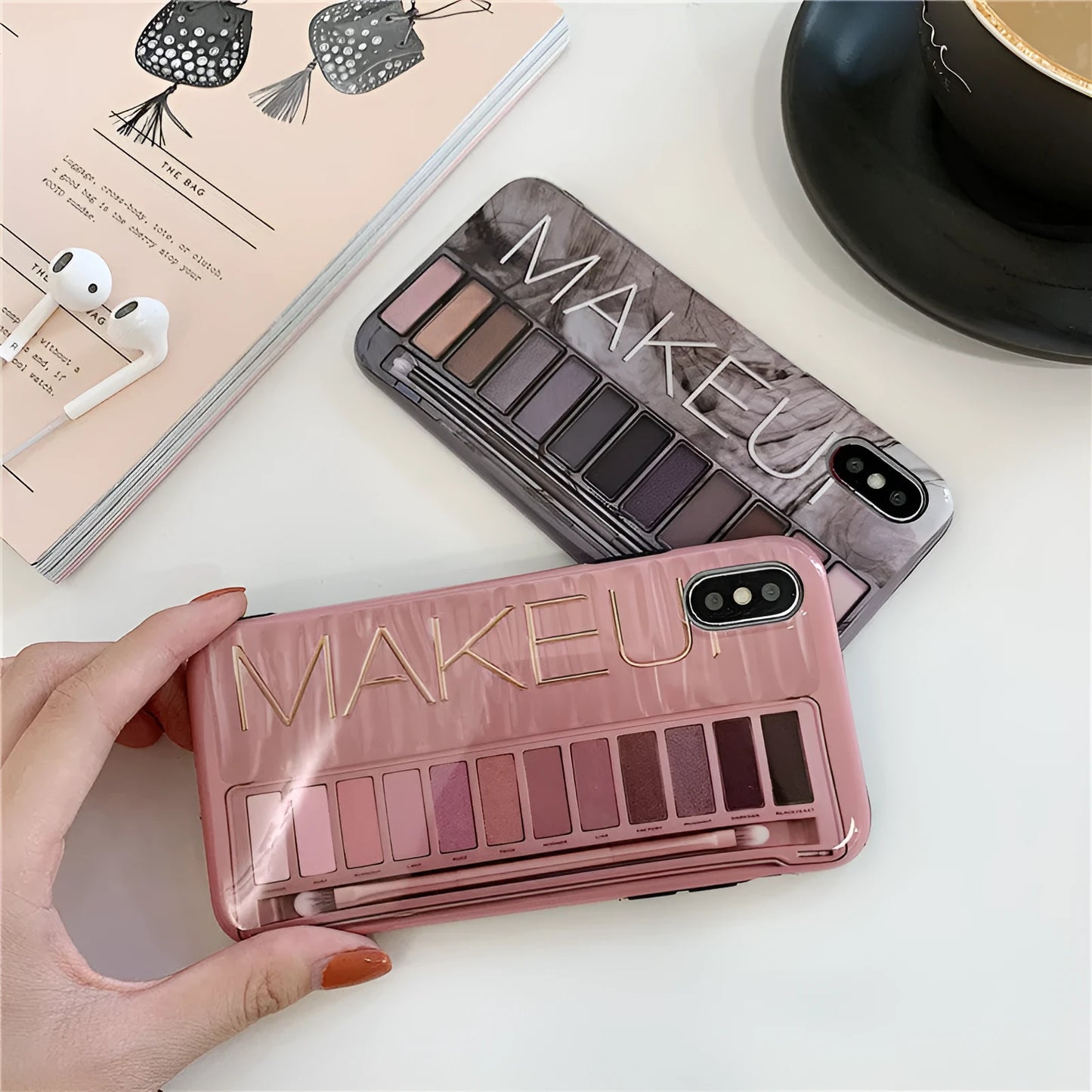 Silicone eye shadow phone case for iPhone showing flesh and grey colour options with precise port cutouts
