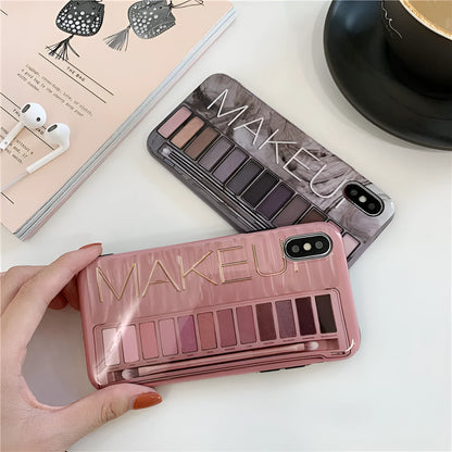 Silicone eye shadow phone case for iPhone showing flesh and grey colour options with precise port cutouts