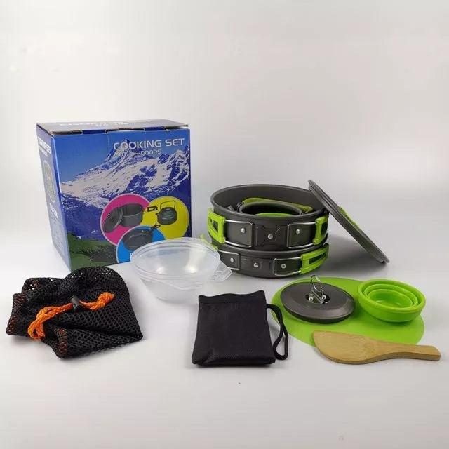 Outdoor camping cookware set with foldable handles for 2-3 people