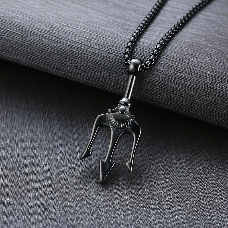 Neptune's Trident Titanium Steel Pendant Necklace in classic silver, night black, and local gold