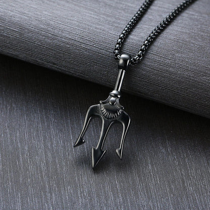 Neptune's Trident Titanium Steel Pendant Necklace in classic silver, night black, and local gold
