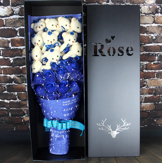 Handmade Valentine's bouquet of 11 cartoon bears 15 cm tall with 11 chiffon roses 10-12 cm in rose gift box, colour options available