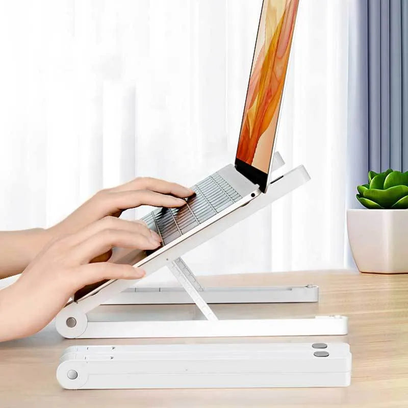 White folding laptop stand with aluminium alloy frame raised at 30mm height