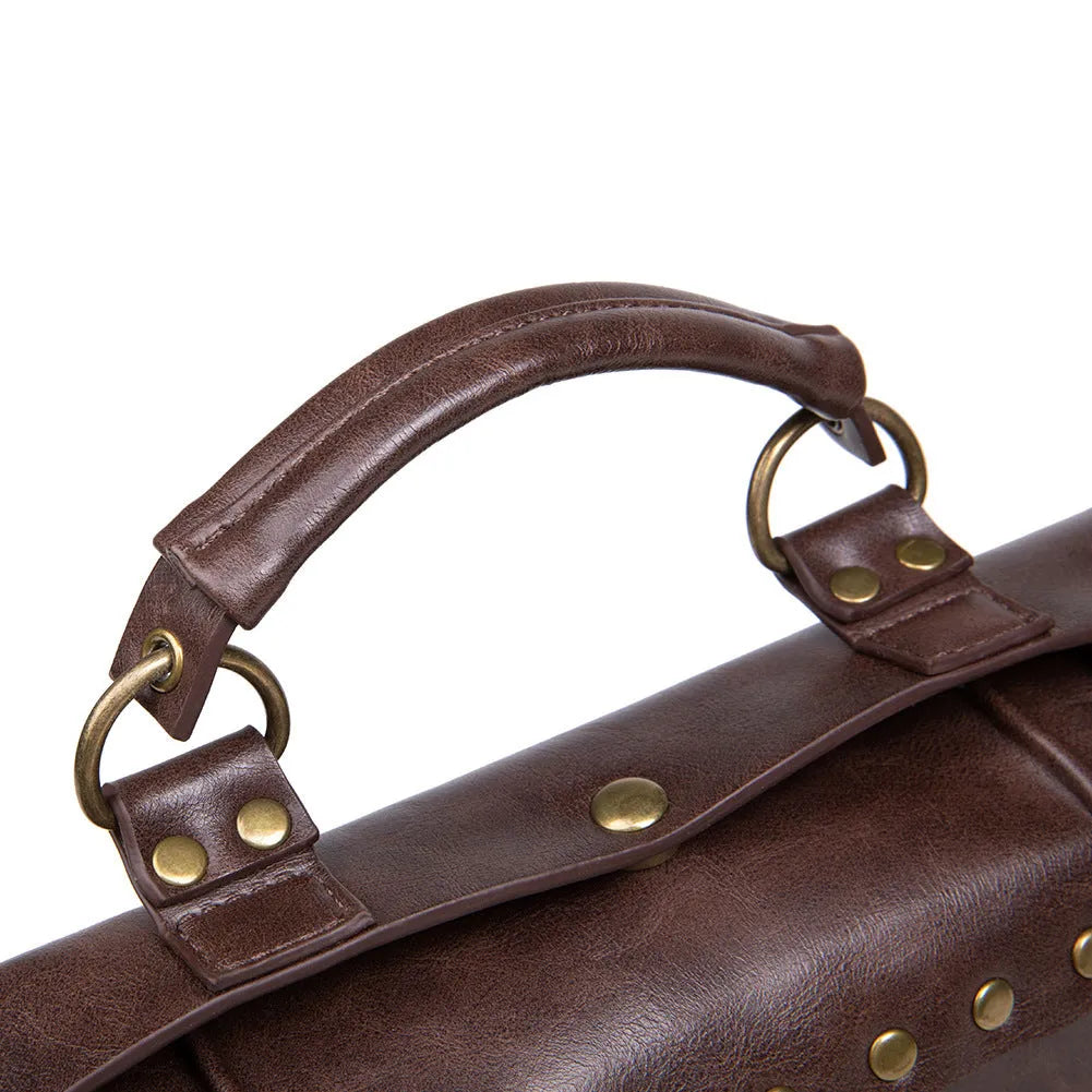 Bronze steampunk industrial retro shoulder bag with metal hardware on horizontal square pillow bag design