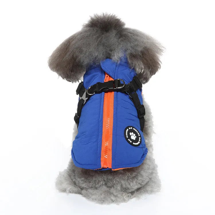 Chest strap dog jacket, polyester cotton-padded coat for small medium large breeds, adjustable harness-style design available in four colour options with sizes from XS to 2XL, ideal for colder weather and outdoor walks