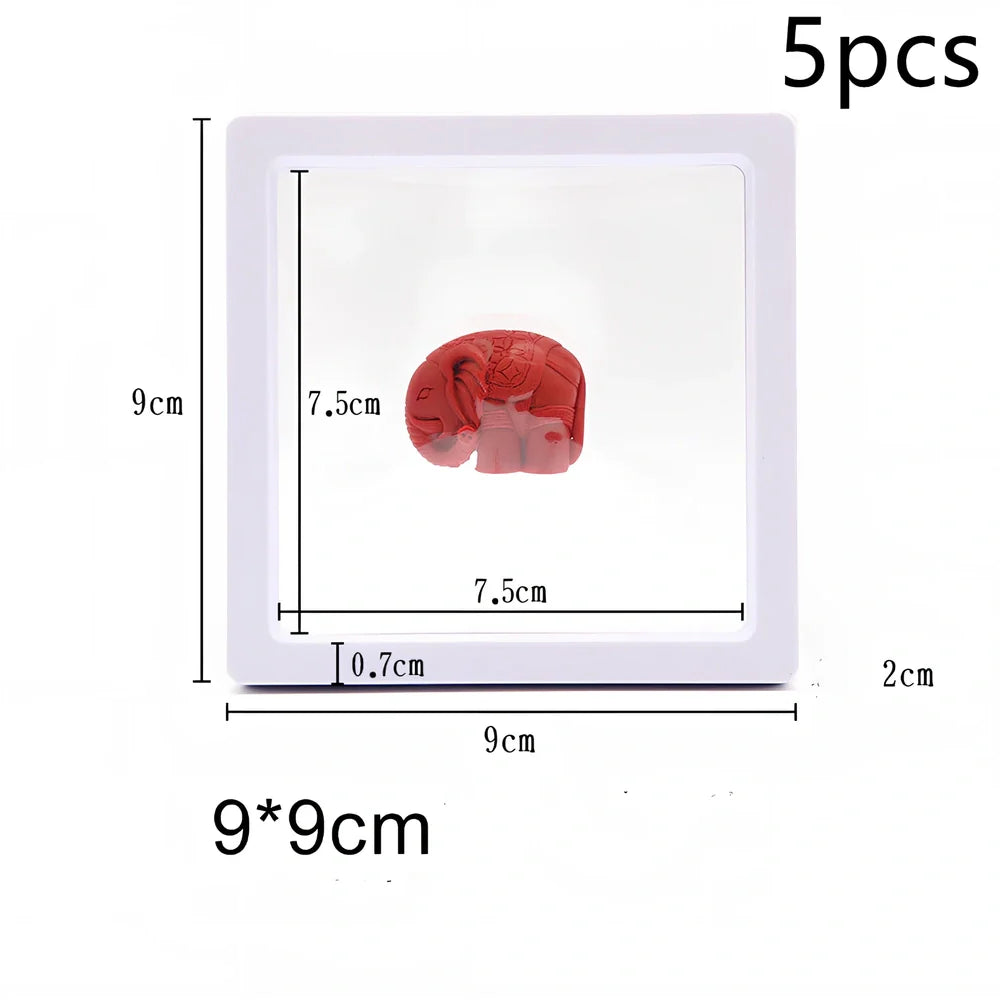 Black 11x11cm suspended 3D floating display frame holding a coin, with square base for stable collectible showcase