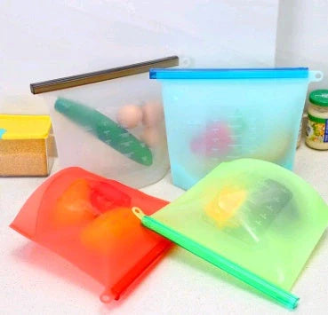 Premium silicone vacuum sealed food storage bags in various colours and sizes