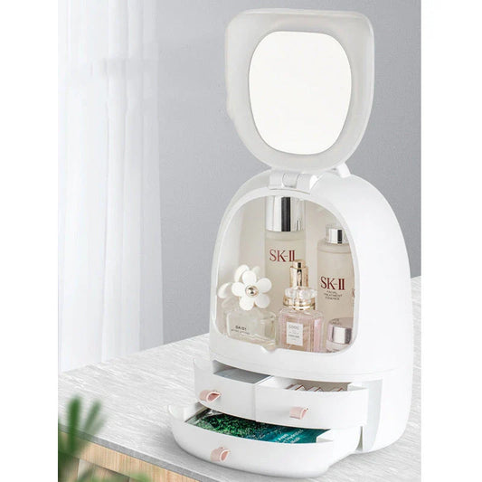 Adjustable dual-sided makeup mirror with LED lighting and cosmetic storage drawers