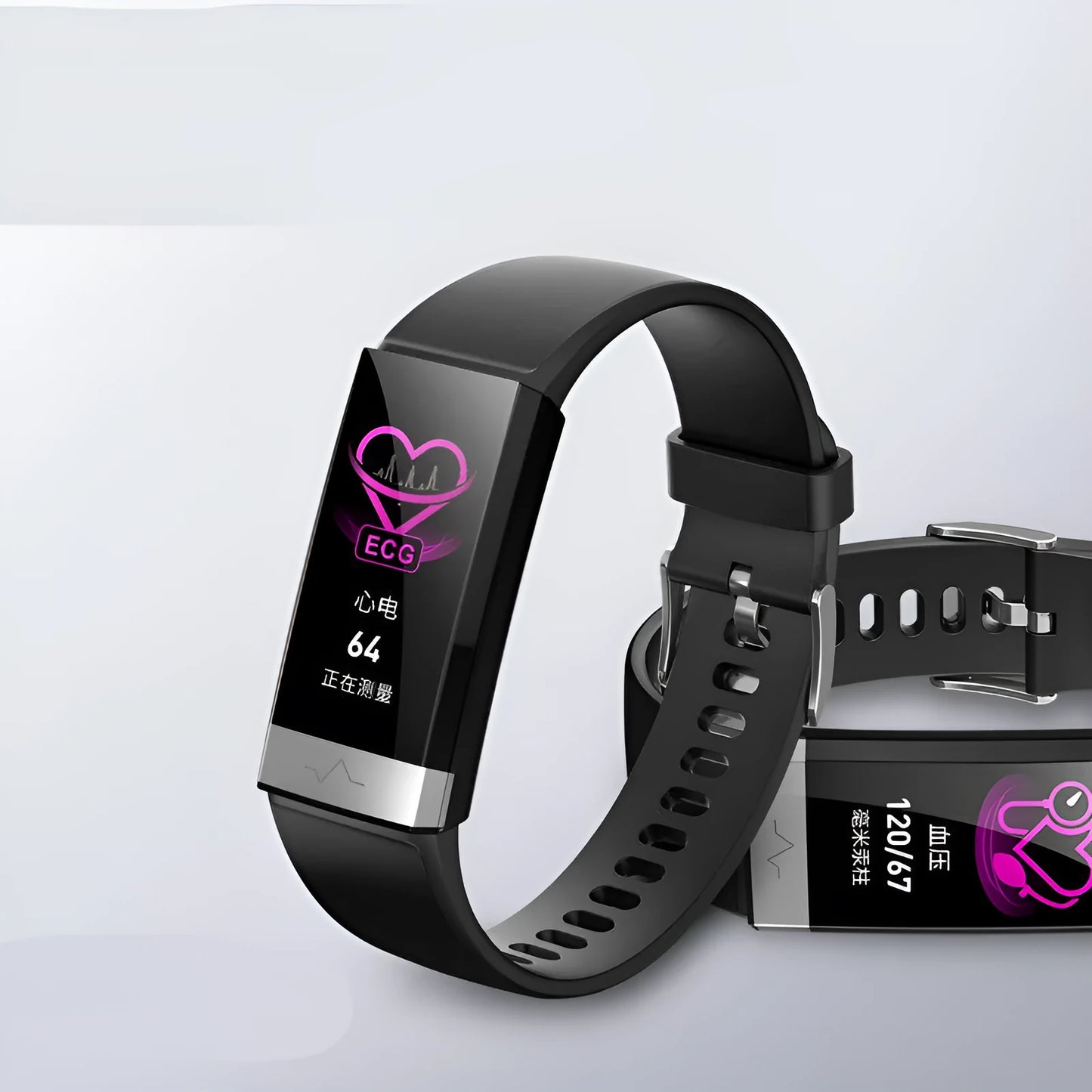 V19 smart fitness tracker in black on a wrist, showing heart rate and SpO2 data on its colour screen.