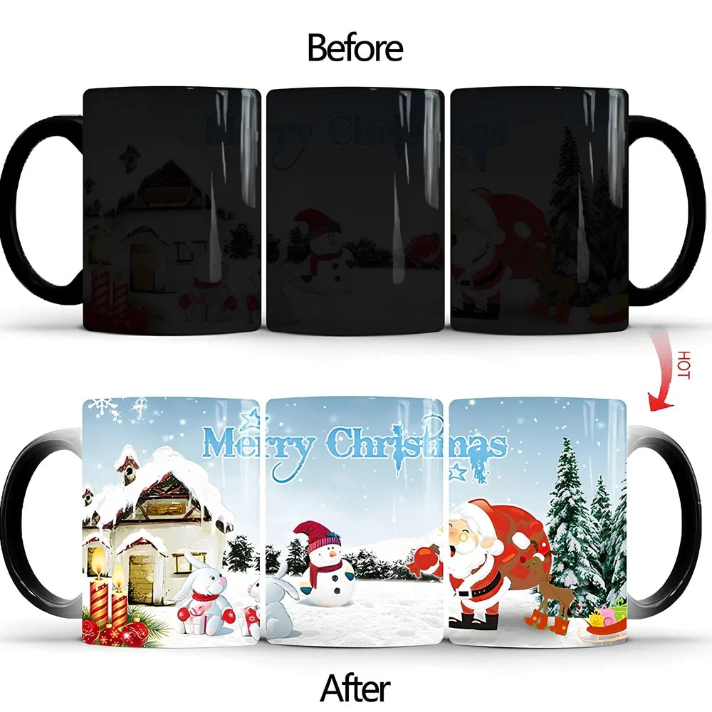 Christmas magic mug showing colour transformation from black to festive patterns when filled with hot liquid