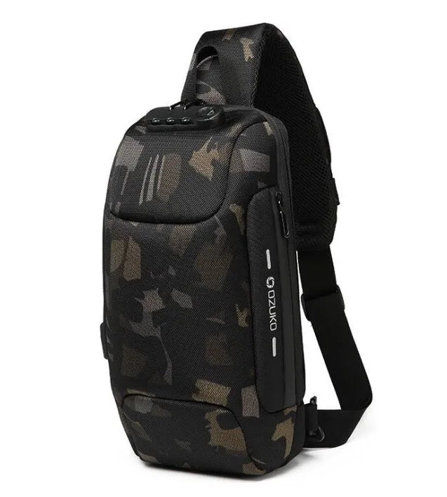 Anti-theft USB chest bag in Oxford cloth with zip closure, square vertical section, and polyester lining, shown in dark blue.