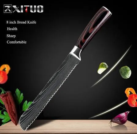 7-inch chef knife with laser Damascus pattern on blade and coloured steel handle on a cutting board.