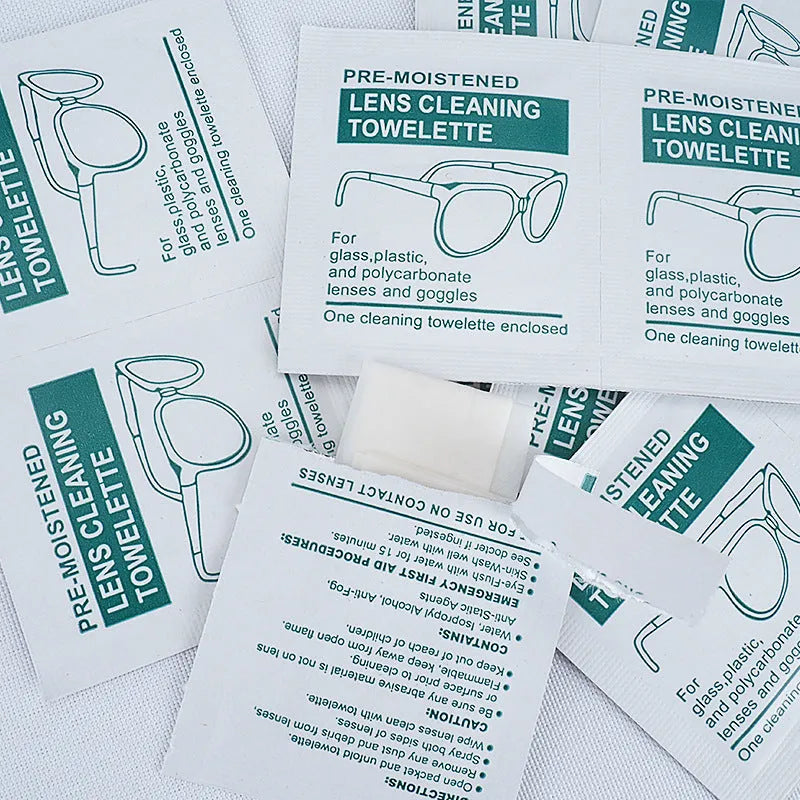 Pack of 100 white, individually sealed quick-drying lens cleaning wipes for glasses and screens.