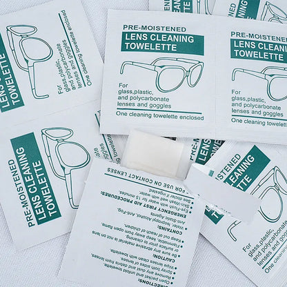 Pack of 100 white, individually sealed quick-drying lens cleaning wipes for glasses and screens.