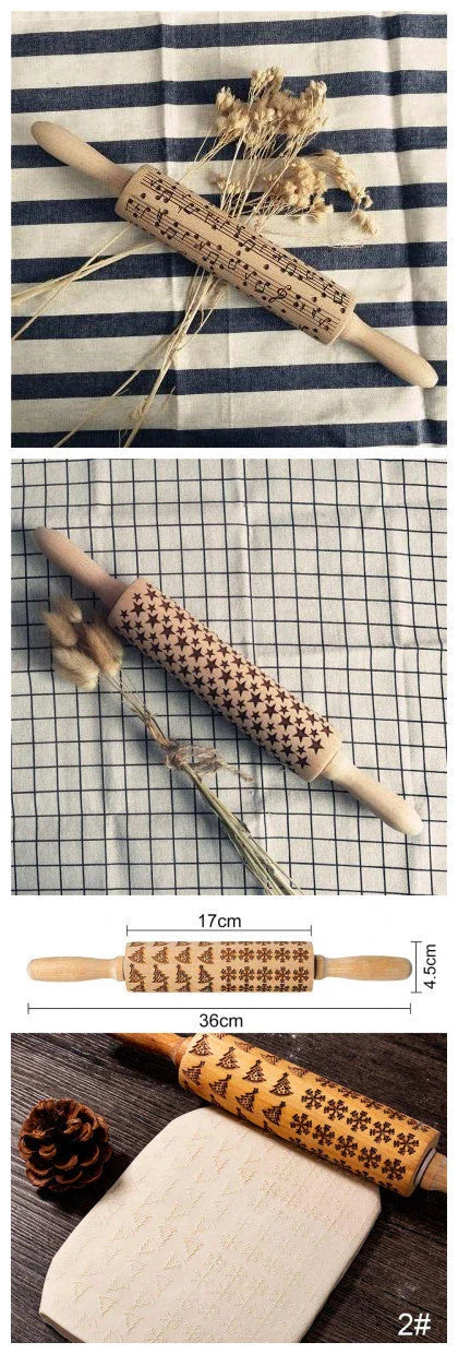 Festive rolling pin with embossed Christmas designs for easy imprinting on dough