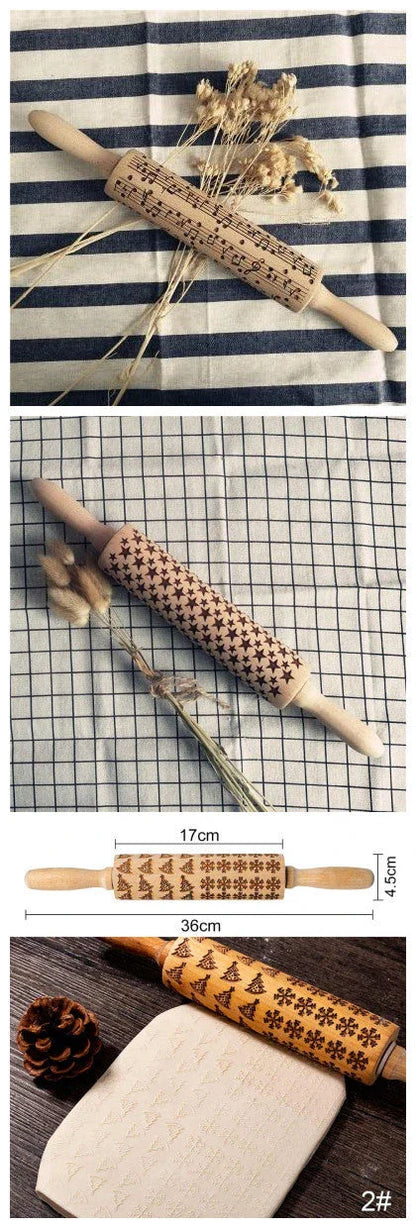 Festive rolling pin with embossed Christmas designs for easy imprinting on dough