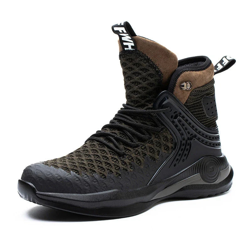 Durable steel-toe work boots with breathable mesh and leather uppers, shock-absorbing midsole, and puncture-resistant outsole