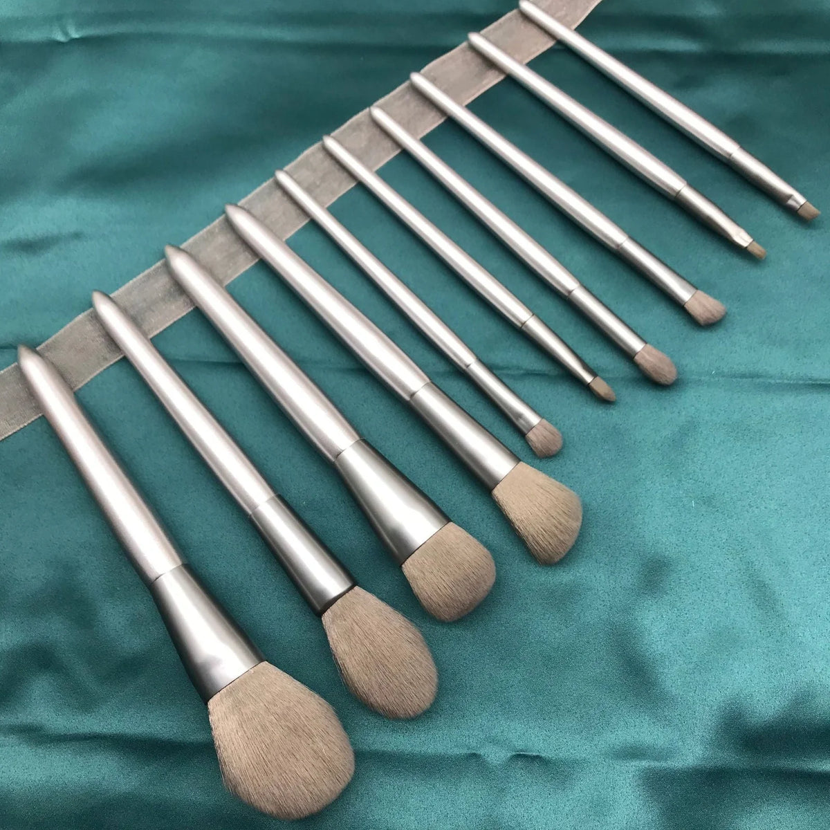 10 makeup brushes with moonlight silver finish and wooden handles beside PU brush bag