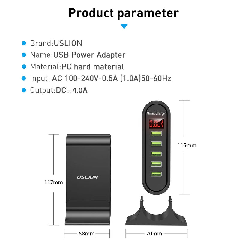 Smart LED digital display charger with 4000mA charging current and 5V output, featuring a clear display for real-time monitoring of voltage and charging status across UK, US, and EU plug styles.