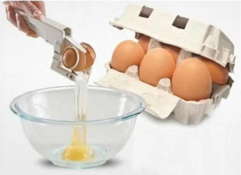 White handheld egg cracker and separator kitchen tool with curved plastic design