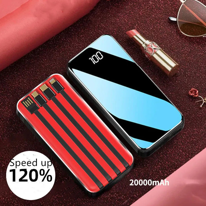 Portable power bank with digital display showing battery percentage and multiple charging ports