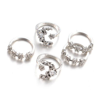 Diamond Set Ring with Star and Moon Crystal Design in Silver