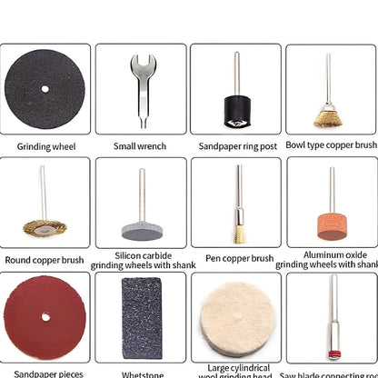 Black 180W electric Dremel drill with 186 accessory pieces including grinding heads and maintenance tools