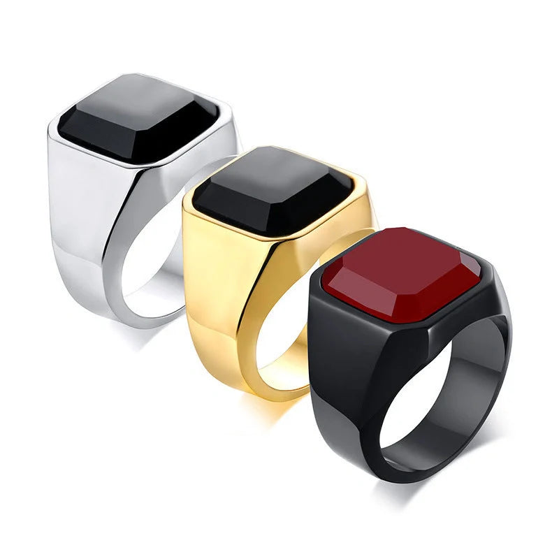 Men's stylish stainless steel black agate ring for a bold and sophisticated look
