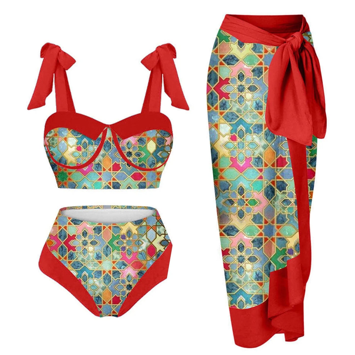 Women's pink and floral print split swimsuit three-piece set with skirt, bra, and panties.