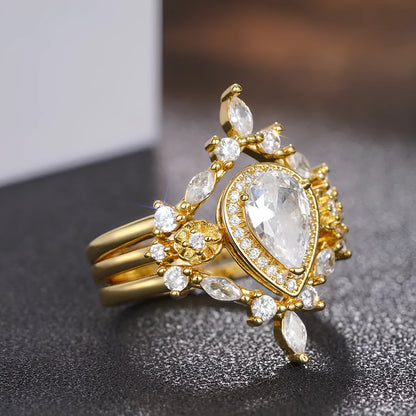 Women's copper ring with inlaid zircon, drop-shaped geometric design, yellow gold colour, sizes No 6 to No 10