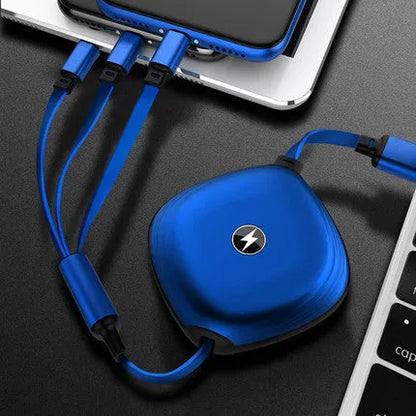Black telescopic 3-in-1 charging cable with titanium alloy connectors extended on a white background.