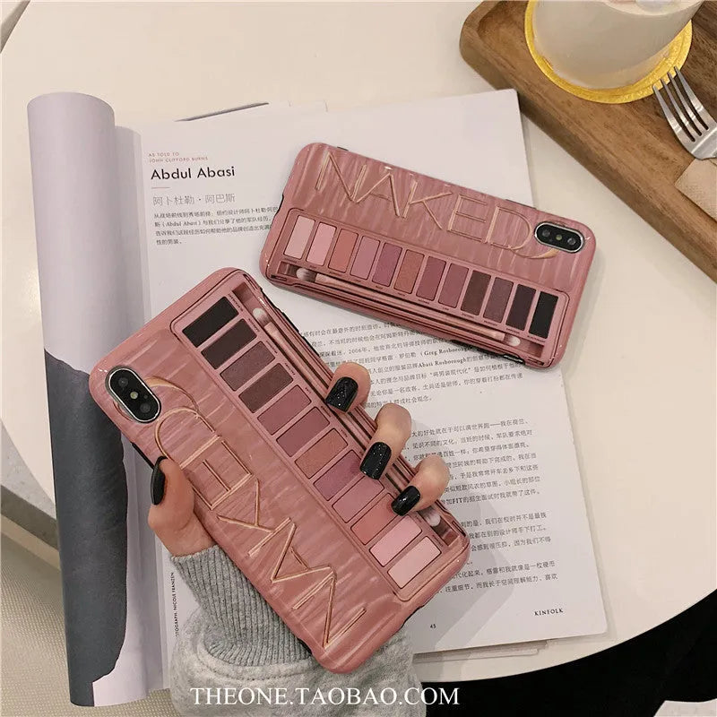 Silicone eye shadow phone case for iPhone showing flesh and grey colour options with precise port cutouts
