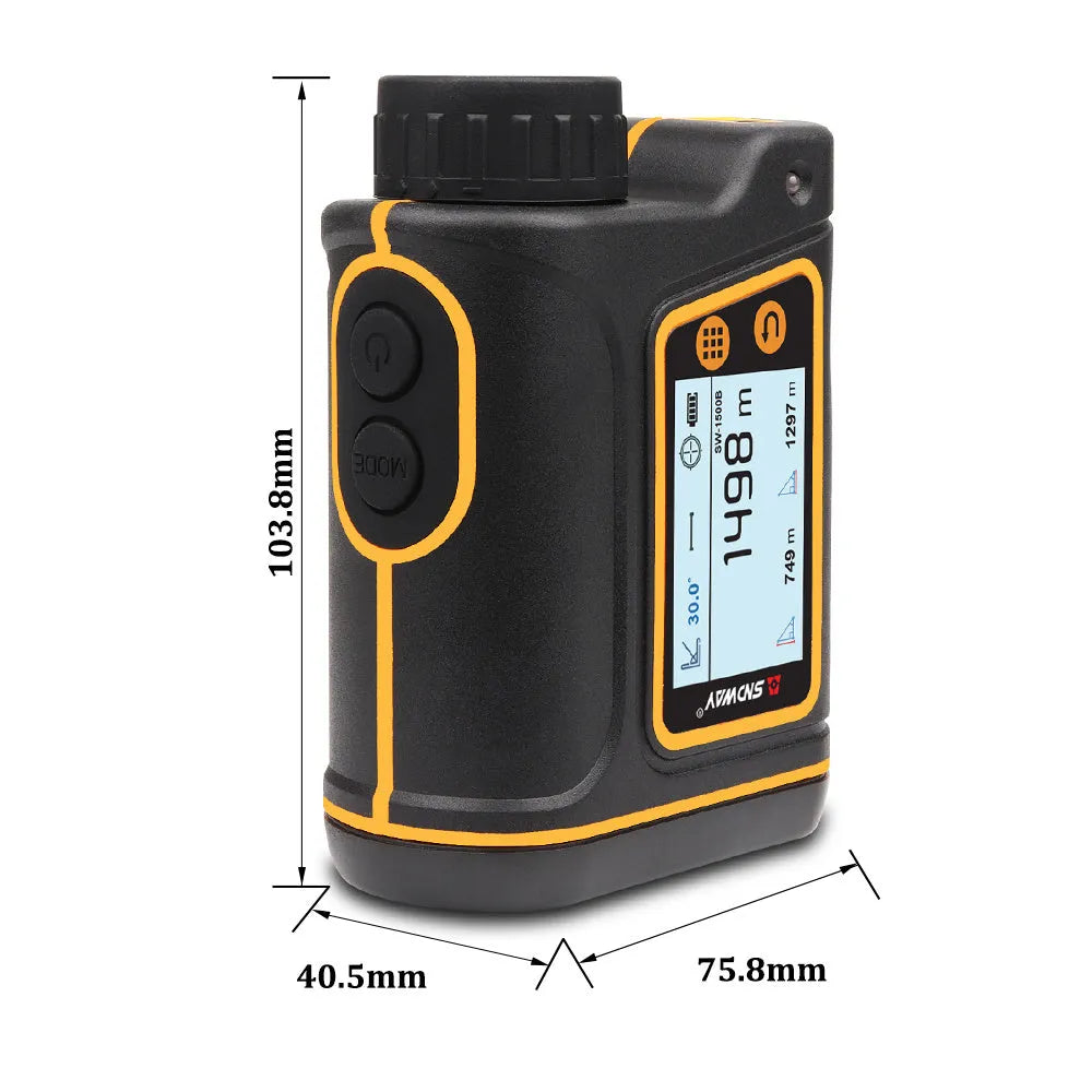 Outdoor handheld golf rangefinder showing compact design with display screen and measurement buttons