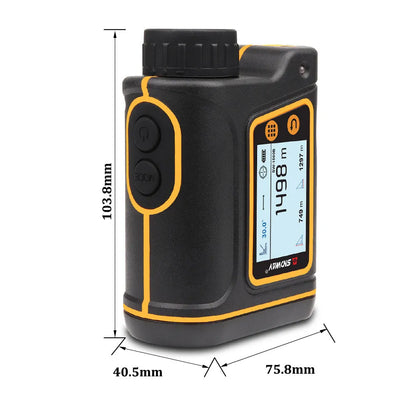Outdoor handheld golf rangefinder showing compact design with display screen and measurement buttons