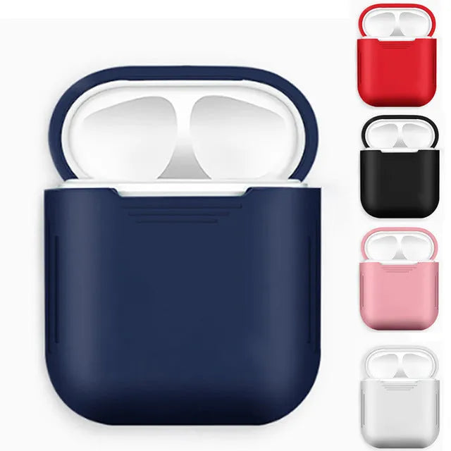 AirPods silicone case with shockproof earmuffs compatible with Apple AirPods, featuring an antiloss rope and available in six colours including black, blue, pink, red and white for protection and security