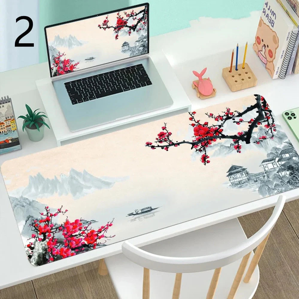 Large gaming mouse desk mat with printed design, multiple size options from 300x600mm to 400x900mm