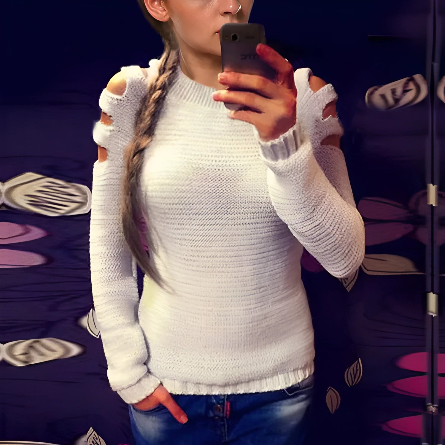 Women's white knitted shirt with hollow-out crochet pattern, round neckline, and long sleeves