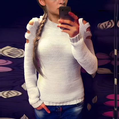 Women's white knitted shirt with hollow-out crochet pattern, round neckline, and long sleeves