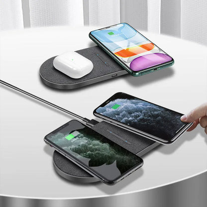 Black dual wireless charging pad set showing two round pads connected by a single Type-C cable.