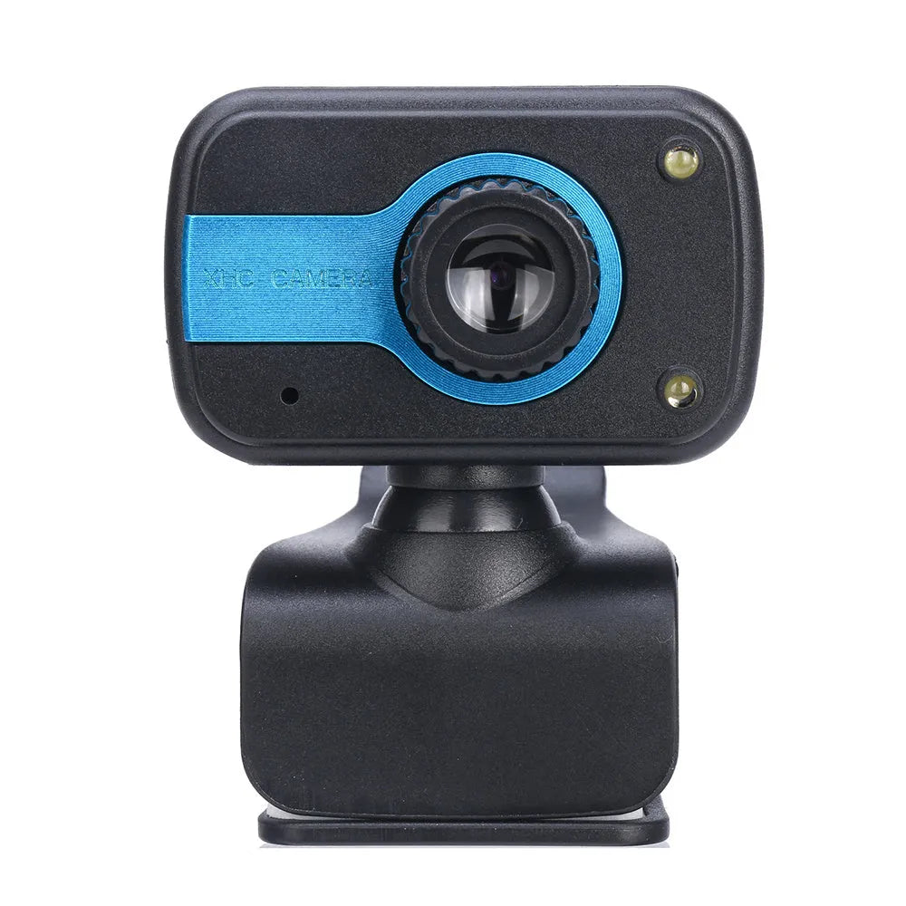 Blue mini USB webcam with a 1.45m cable showing its 360-degree rotating head on a laptop.
