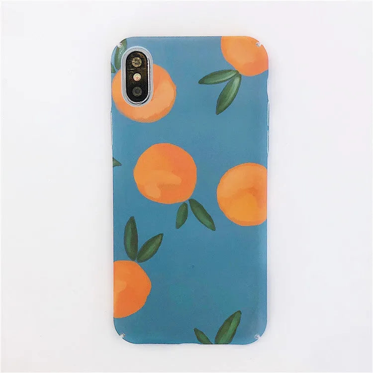 Orange plastic iPhone case with blue water pattern, retro back cover design.
