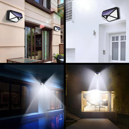 Solar-powered motion sensor wall lamp with 100 LED lights measuring 13x9.5x5cm