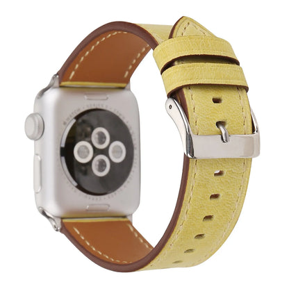 Leather watch strap with a folding buckle in blue, shown next to brown, green, orange, pink, and yellow colour options.