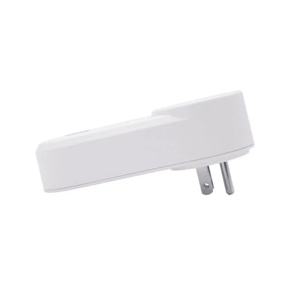 A neutral-colour wifi smart socket showing UK and US plug versions for remote and voice control.